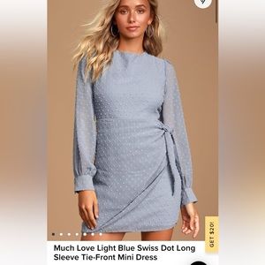 LULUS BRAND NEW Much Love Light Blue Swiss Dot Long Sleeve Tie-Front Mini Dress